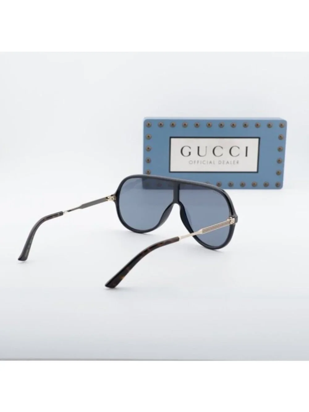 Gucci GG0199S 001 Shield Sunglasses - Shiny Black/Gold/Grey
